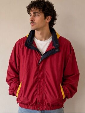 Men's Northern Elements Red Windbreaker Jacket with Yellow Trim and Navy Collar